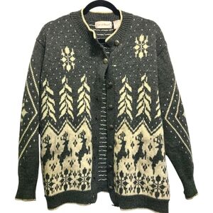 Carroll Reed Gray Cream Snowflake Cardigan‎ Wool Lambswool Angora M Vintage